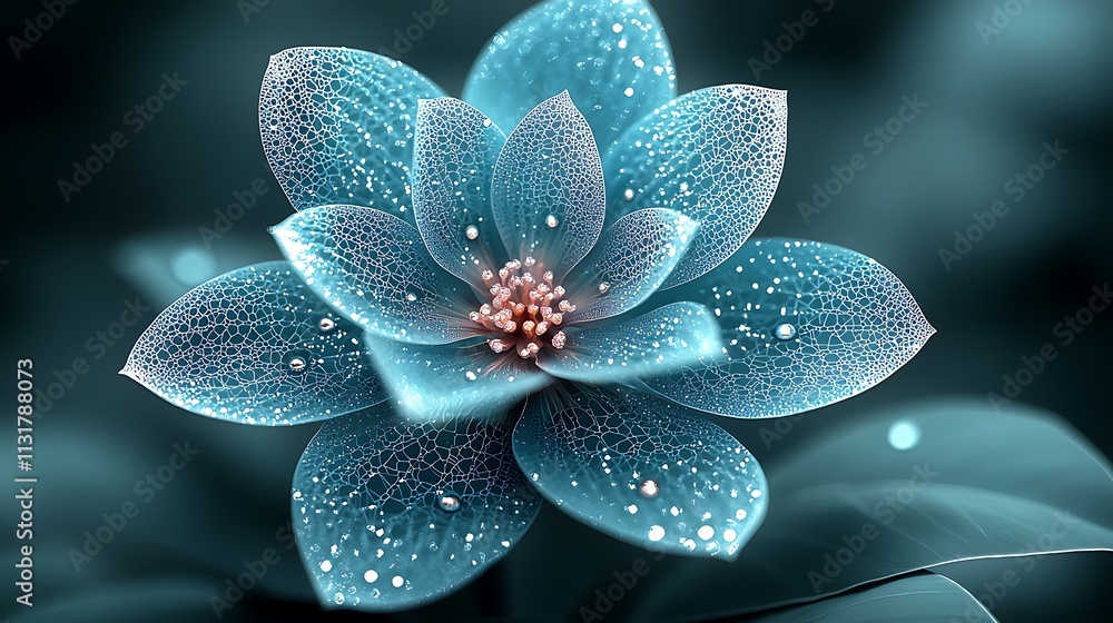 Fototapeta premium Teal flower with water droplets, intricate details, dark background.
