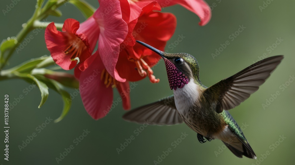 Obraz premium Hummingbird feeding on red flower.