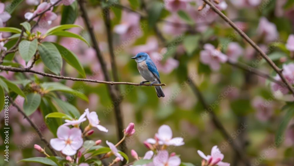 Fototapeta premium Charming Blue Bird Perched Amongst Pink Blossoms: Perfect for Nature Lovers and Spring Decor