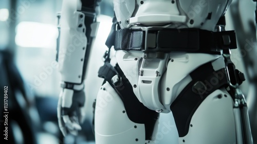 A detailed shot of the lightweight exoskeleton and mobility enhancement features of a humanoid exosuit robot in a wearable robotics lab, Robotics style, photo of photo