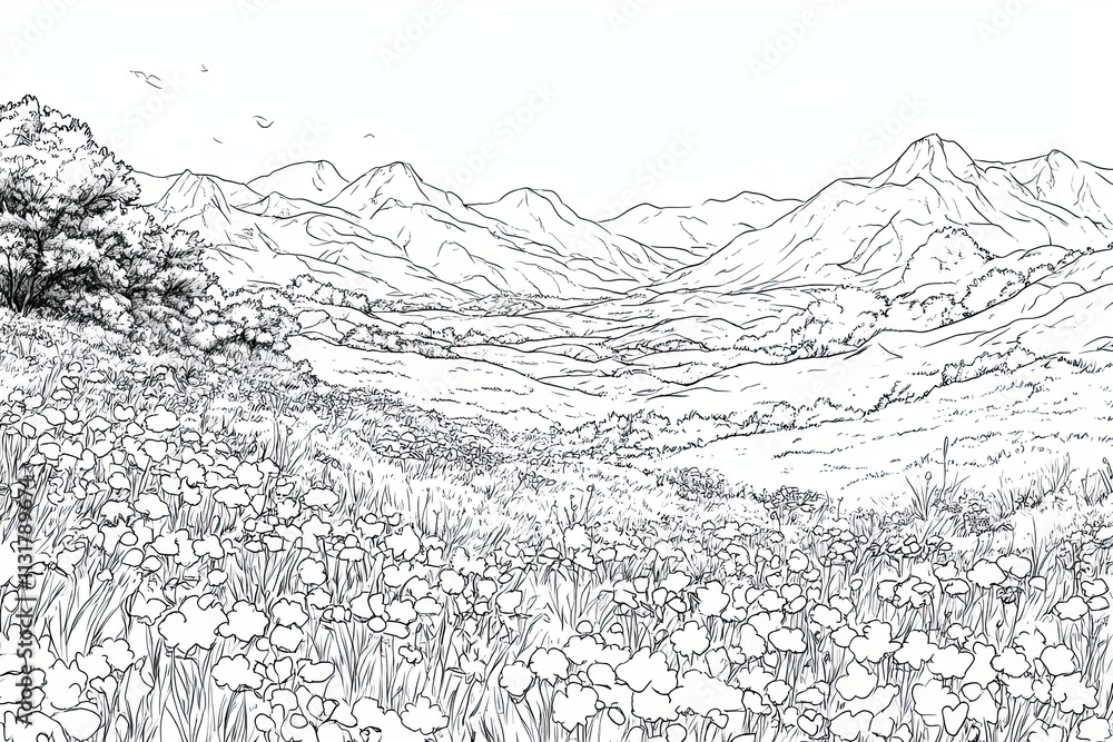 Fototapeta premium Mountain Valley Wildflower Meadow Sketch