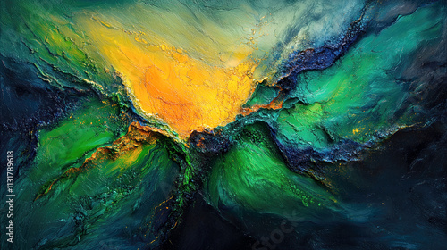 An abstract artwork showcases a blend of vibrant yellow, green, and blue hues, created with textured strokes that evoke natural landscapes and cosmic elements.