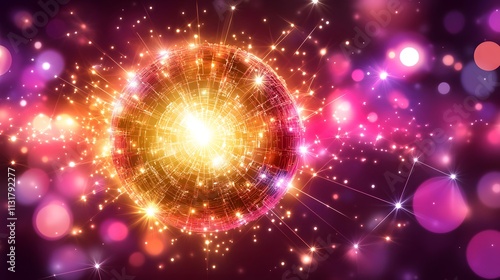 Glowing sphere with vibrant energy bursts and bokeh.