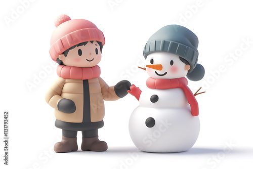 Adorable 3D Render of a Child and Snowman Sharing a Winter Moment Friendship Joyful Festive