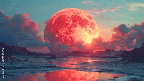 Crimson Moonrise over a Desolate Landscape: A Surreal Vision of Planetary Serenity photo