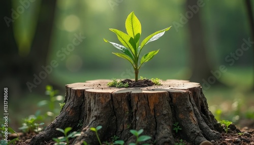Young sprout grows from old tree stump. Nature reborn from decay. Resilience eco-conservation. New life starts from old. Image shows nature cycle. Fresh green foliage. Environmental care,