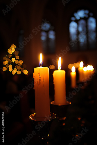  An image of a Christmas Eve candlelight service, with the congregation holding lit candles and singing hymns, captured with the soft glow of candlelight to create a reverent and warm atmosphere.