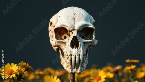 Eerie Skull in a Field of Yellow Flowers: Perfect for Halloween, Horror, and Gothic Art photo