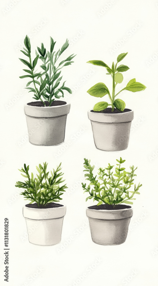 Fototapeta premium Delicate Potted Herbs in Watercolor Artful Illustration for Kitchen Decor