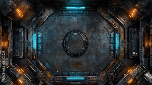 Fototapeta Naklejka Na Ścianę i Meble -  Grungy metallic spaceship interior with glowing lights.