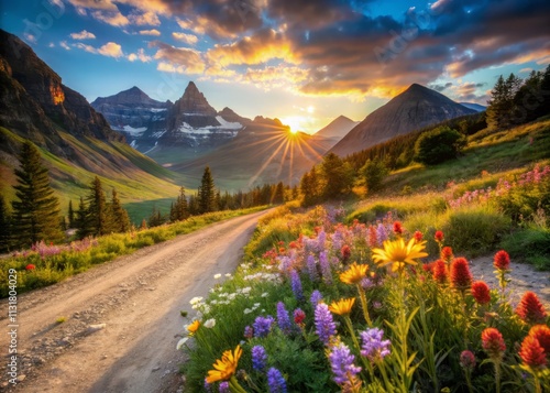 Spring Mountain Road Macro Photography: Glacier National Park, Montana, Sunset, Wildflowers, Dirt Road, Lewis Range photo