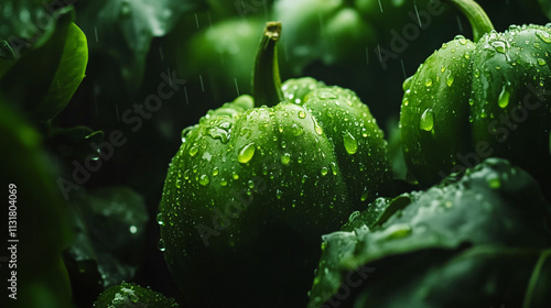 Fresh green bell peppers soaking in rain droplets on a lush garden backdrop photo