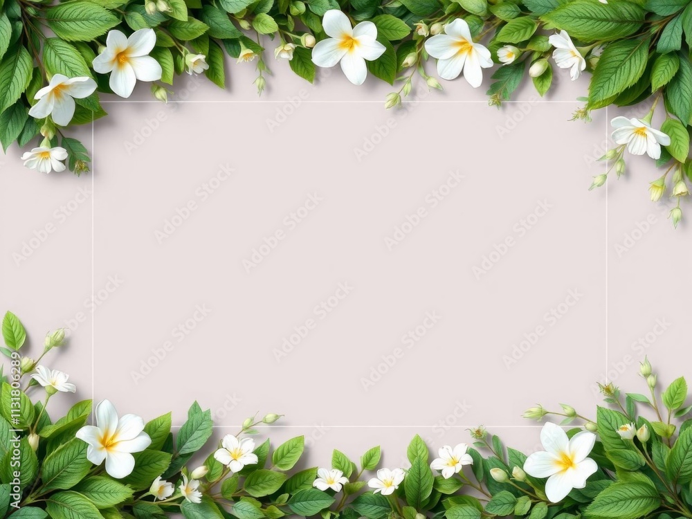 Fototapeta premium Horizontal botanical frame background with various green leaves and flowers, centered white frame for text or design, mockup, frame, template