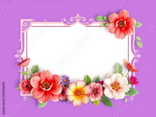 Horizontal purple greeting card with delicate flower decoration on the side, perfect for any special occasion, copy space, decorative, decoration