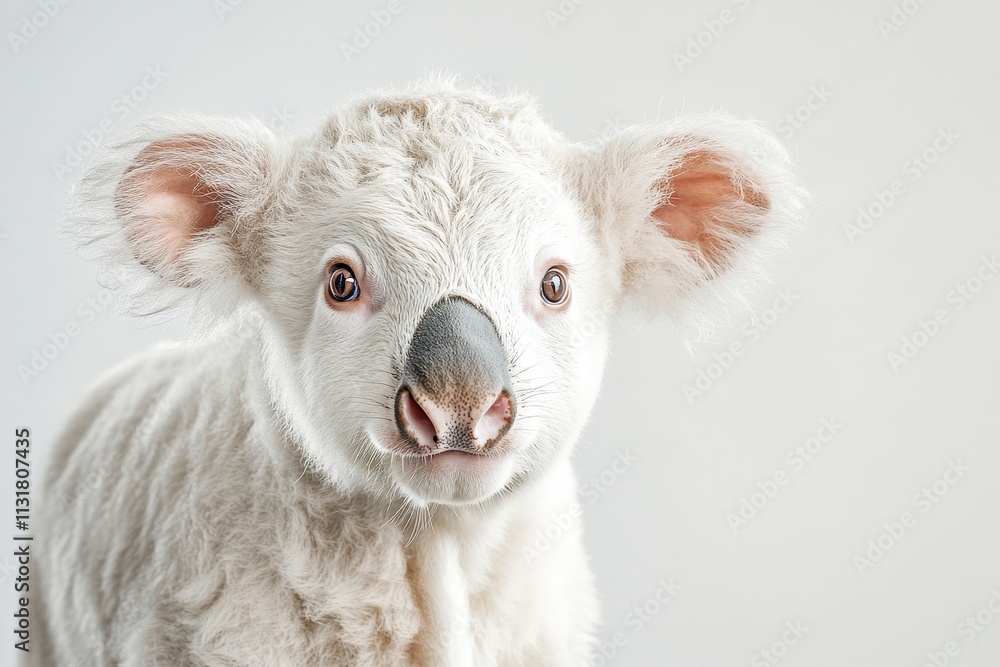 Fototapeta premium Adorable Close-Up of a Young Lamb with an Oversized Nose, Capturing the Innocence and Charm of Farm Life, Perfectly Framed Against a Soft Green Background in a Warm Sunny Setting