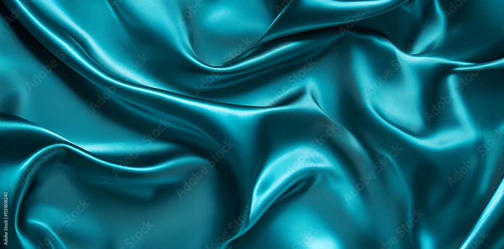 Fototapeta premium A close-up view of smooth, teal satin fabric with elegant folds and reflections.