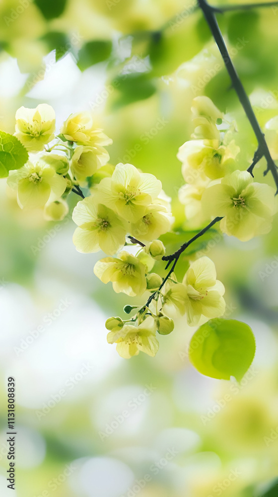 Fototapeta premium Delicate yellow flowers bloom amidst soft green foliage, creating a serene natural scene.