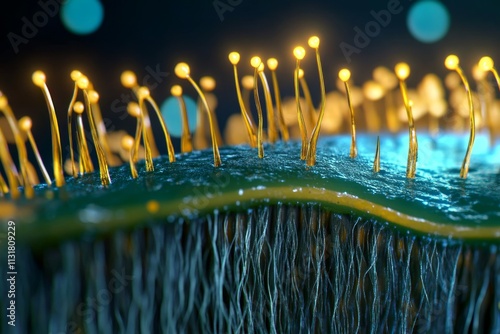 A highly magnified view of the skin surface showing fine lines, hairs, and sebaceous glands
