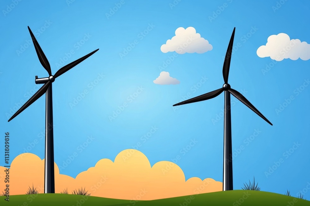 Obraz premium A minimalist flat design of a wind turbine silhouette on a hill, illustrated with clean lines and soft blue gradients