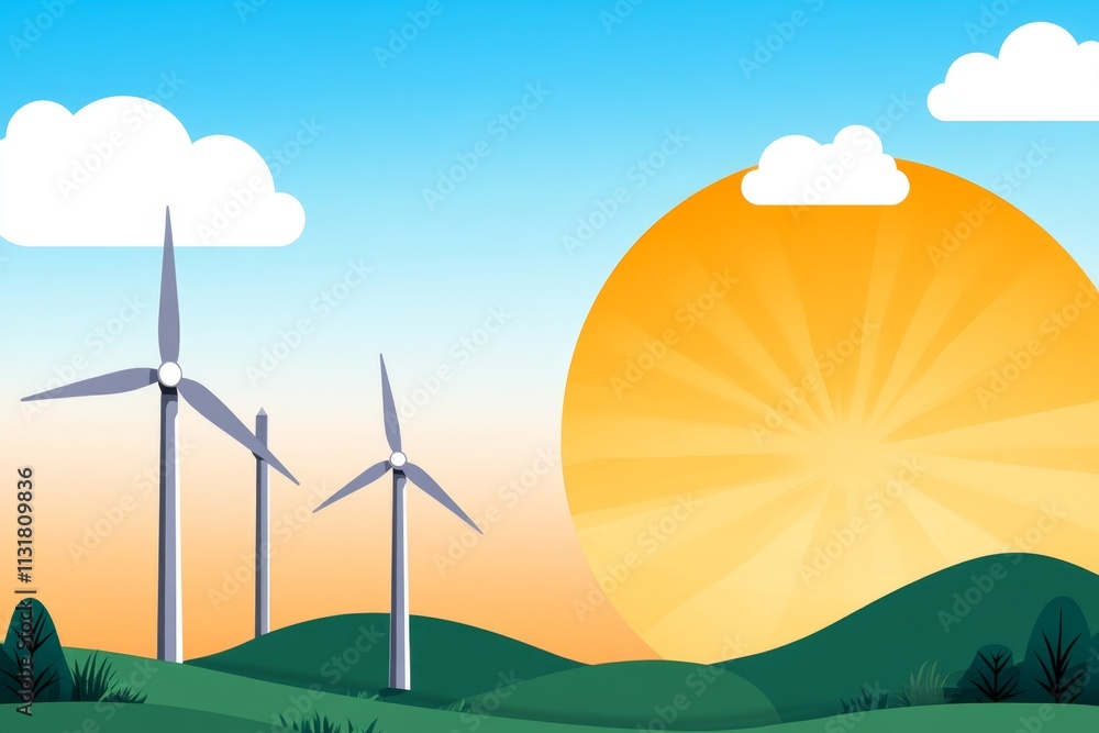 Fototapeta premium A minimalist flat design of a wind turbine silhouette on a hill, illustrated with clean lines and soft blue gradients