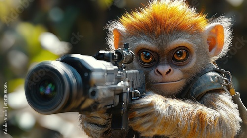 Cute cartoon monkey soldier aiming a futuristic rifle. photo