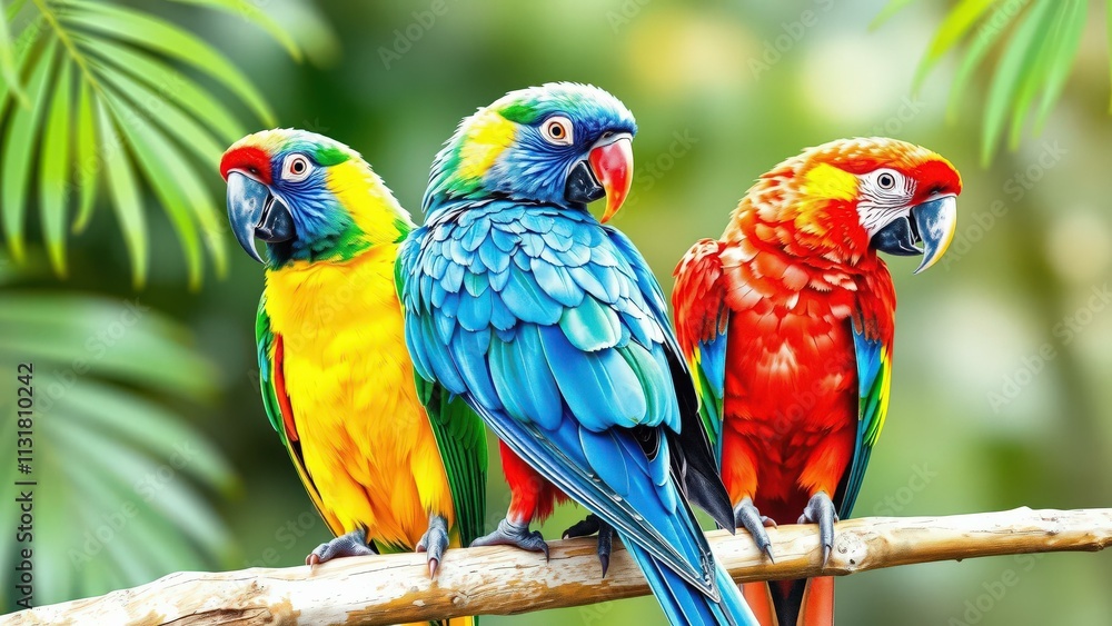 Obraz premium Vibrant Tropical Parrots: A Stunning Display of Nature's Beauty for Home Decor and Art Lovers
