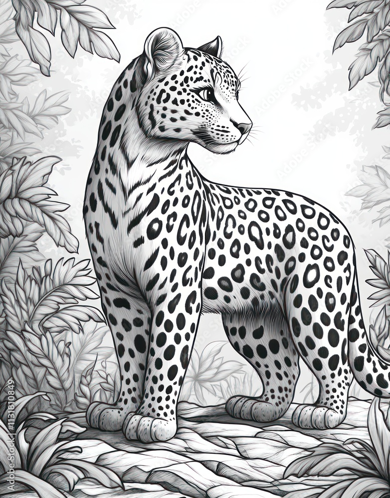 Obraz premium Majestic leopard standing in grayscale jungle.