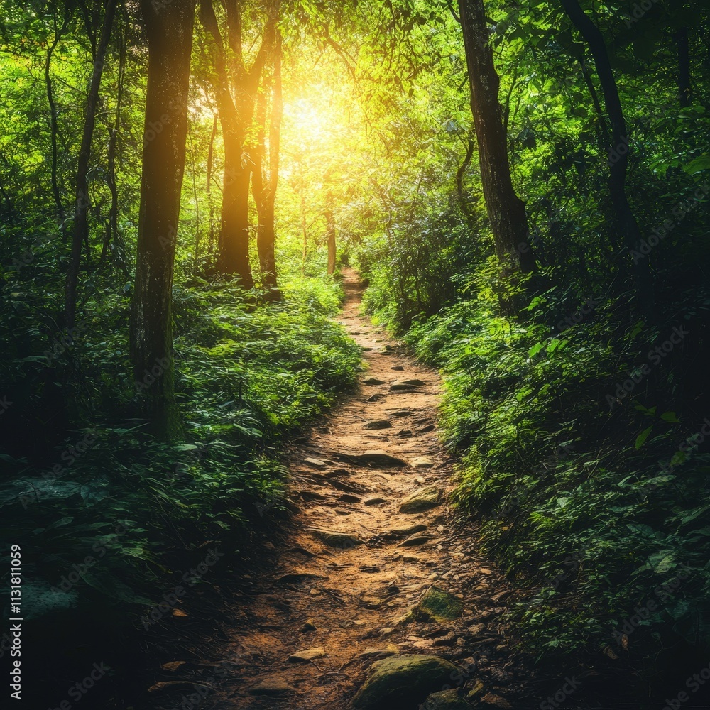 Fototapeta premium Serene Forest Pathway with Sunlight Filtering Through Lush Green Trees in a Peaceful Natural Landscape