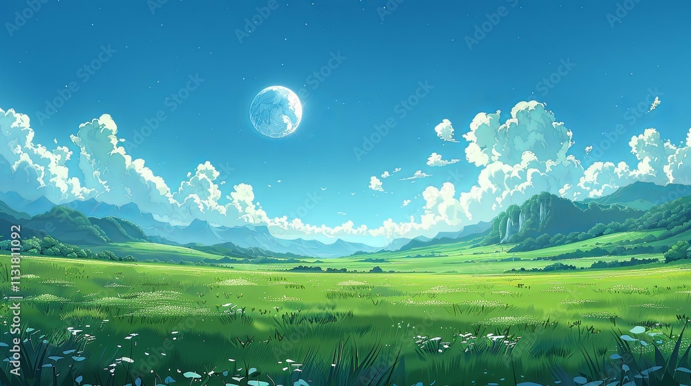 Fototapeta premium Serene landscape painting of a vast green field under a bright blue sky and large moon.