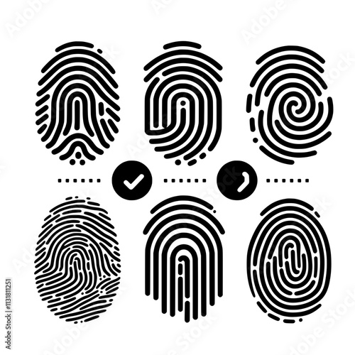 Fingerprint Identification:  A set of six fingerprint scans with unique patterns, displayed with checkmarks for verification.  