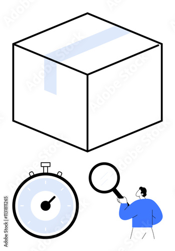 Box with tape timer and individual with magnifying glass. Ideal for productivity, shipping, timing, efficiency, analysis, logistics, organization. Line metaphor