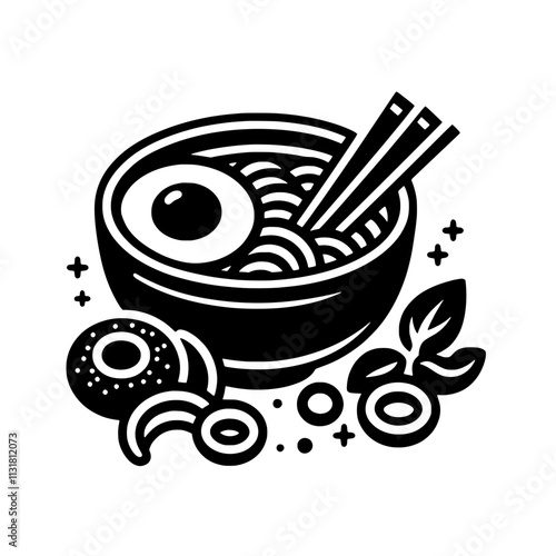 Ramen with an Eye: A quirky and captivating illustration of a steaming bowl of ramen noodles with an eyeball peeking out, perfect for adding a touch of whimsy to any project.