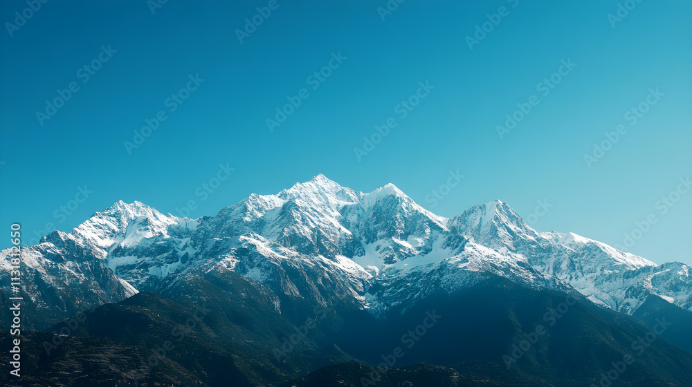 Fototapeta premium Snow-capped mountains under a clear blue sky, winter weather, cold and majestic