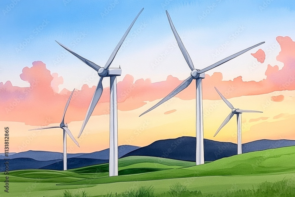 Obraz premium A soft watercolor painting of a wind farm during a sunrise, with gentle pastel hues blending into the sky and green fields below