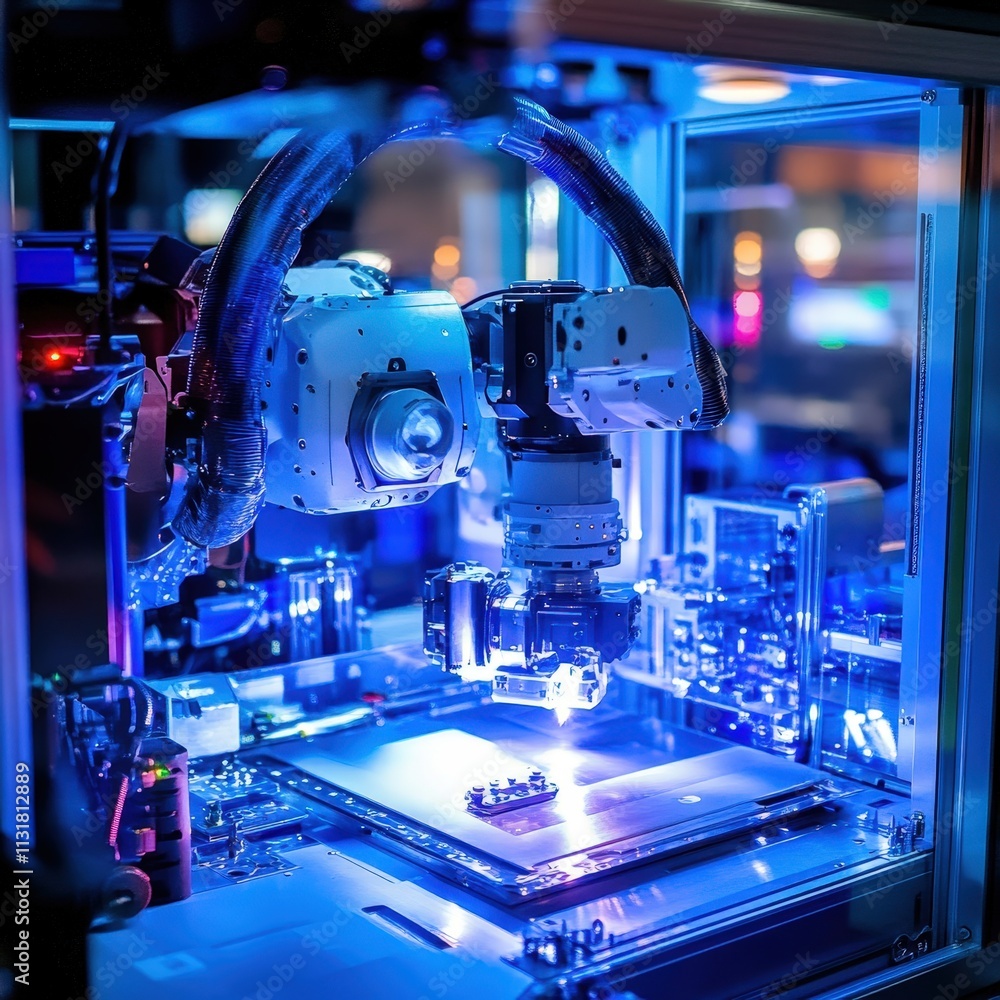 Fototapeta premium Advanced Robotic Arm Operates in a High-Tech Laboratory for Precision Fabrication and Manufacturing Tasks with Blue LED Lighting and Modern Equipment