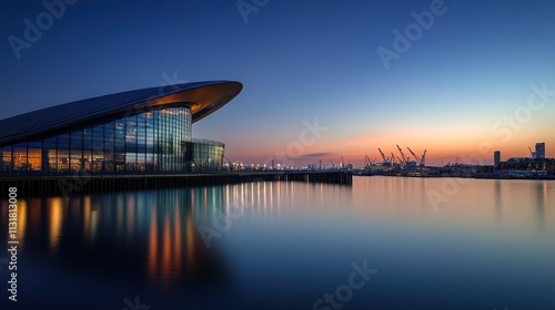 Modern Architecture at Sunset on a Calm Harbor