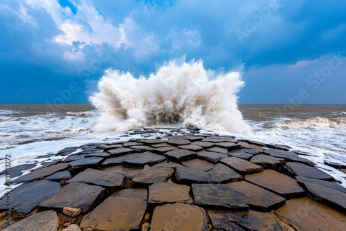 A thunderstorm raging over the ocean, with massive waves crashing against jagged rocks under a dramatic sky