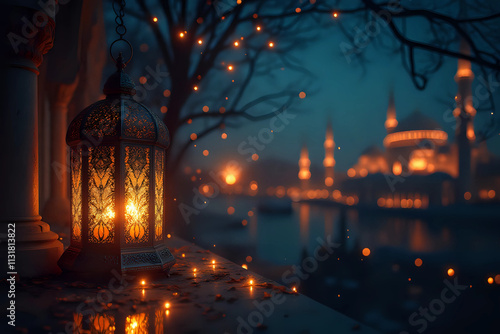 Ornamental Arabic lantern with burning candle glowing at night mosque background. Festive greeting card, invitation for Muslim holy month Ramadan Kareem. photo