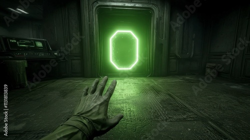 Futuristic Control Room  Glowing Portal  Sci Fi Interior  Mystery  Technology  Hand Reachi photo