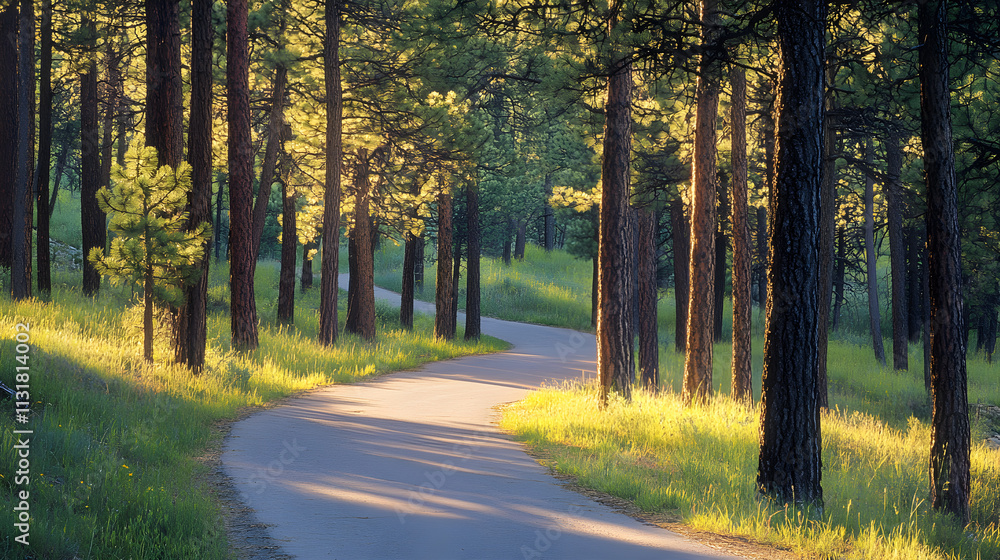 Fototapeta premium Bicycle path winding through a pine forest, inviting and serene