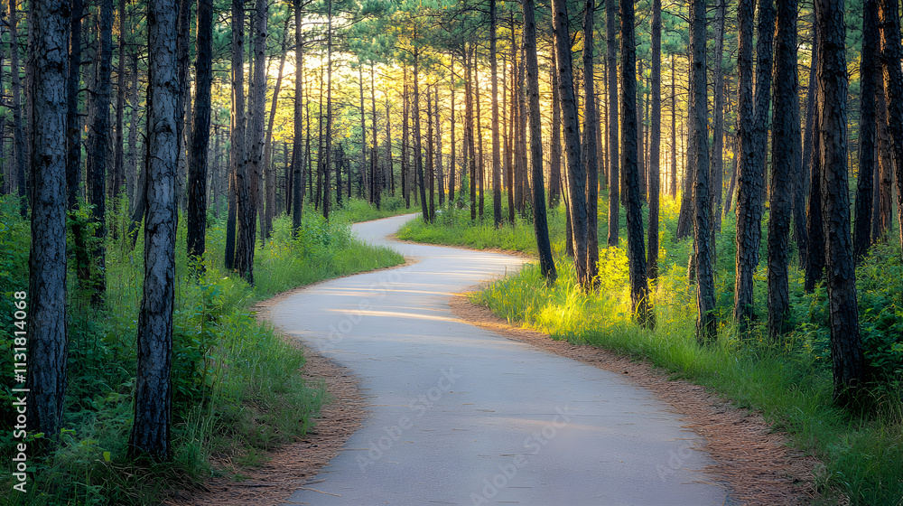 Fototapeta premium Bicycle path winding through a pine forest, inviting and serene