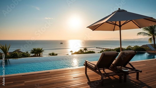 Umbrella and chair set up around a sparkling swimming pool at a luxurious hotel resort with a stunning sunrise in the background, morning, vacation spot