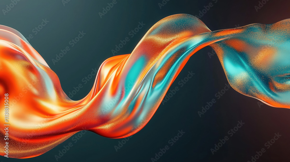Obraz premium Abstract 3D Flowing Liquid-Like Wave Textures in Turquoise, Coral, and Gold Gradient