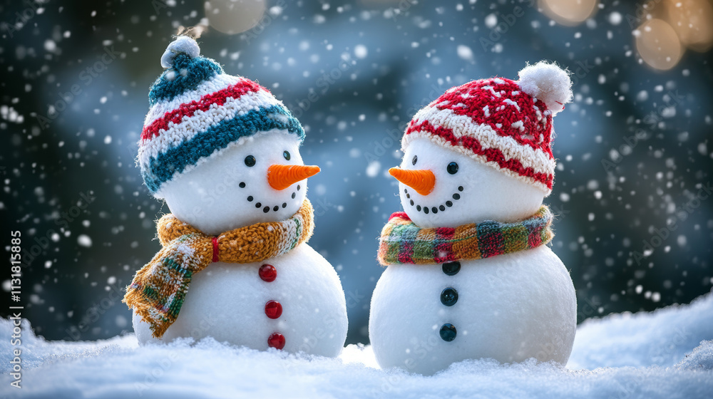 Obraz premium Two snowmen wearing felt hats standing in the snow