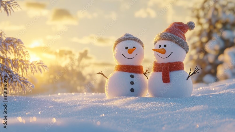 Obraz premium Two snowmen wearing felt hats standing in the snow