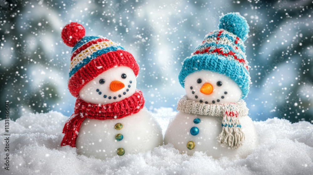 Fototapeta premium Two snowmen wearing felt hats standing in the snow