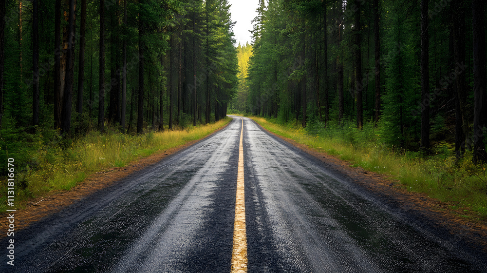 Fototapeta premium Empty road lined with towering pine trees, peaceful and isolated