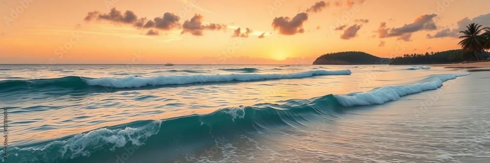 Naklejka premium Vibrant sunrise over tranquil tropical island beach with golden waves crashing on shore, vacation, beach