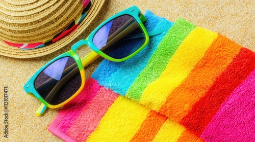 Summer vibes sunglasses on colorful towels beach photo bright sand environment close-up perspective