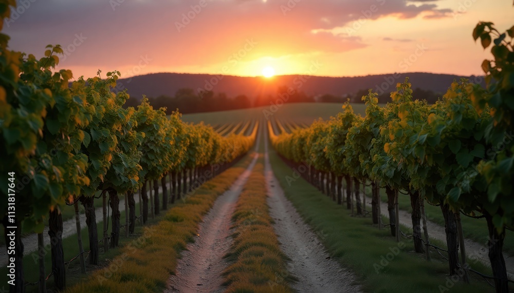 Fototapeta premium Vineyard pathway at sunset. Rows of grapevines stretch into distance. Warm colors of setting sun. Scenic rural landscape. Idyllic wine region. Perfect for wine tourism agriculture promotion. Tranquil